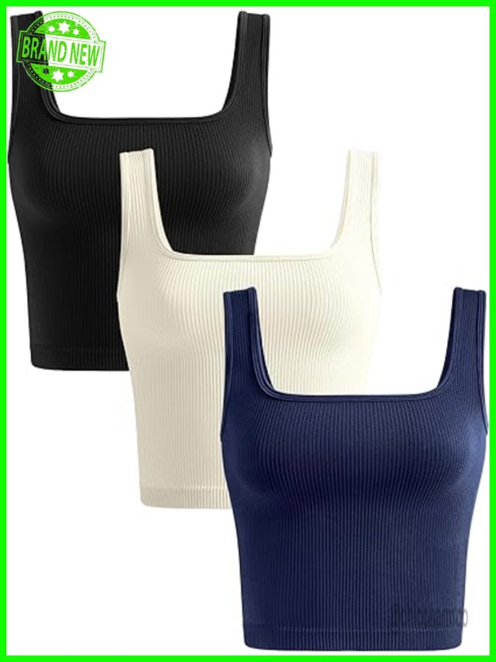 Seamless Ribbed Square Neck Crop Tank Top 3 Pack Workout Yoga Gym Basic Camisole